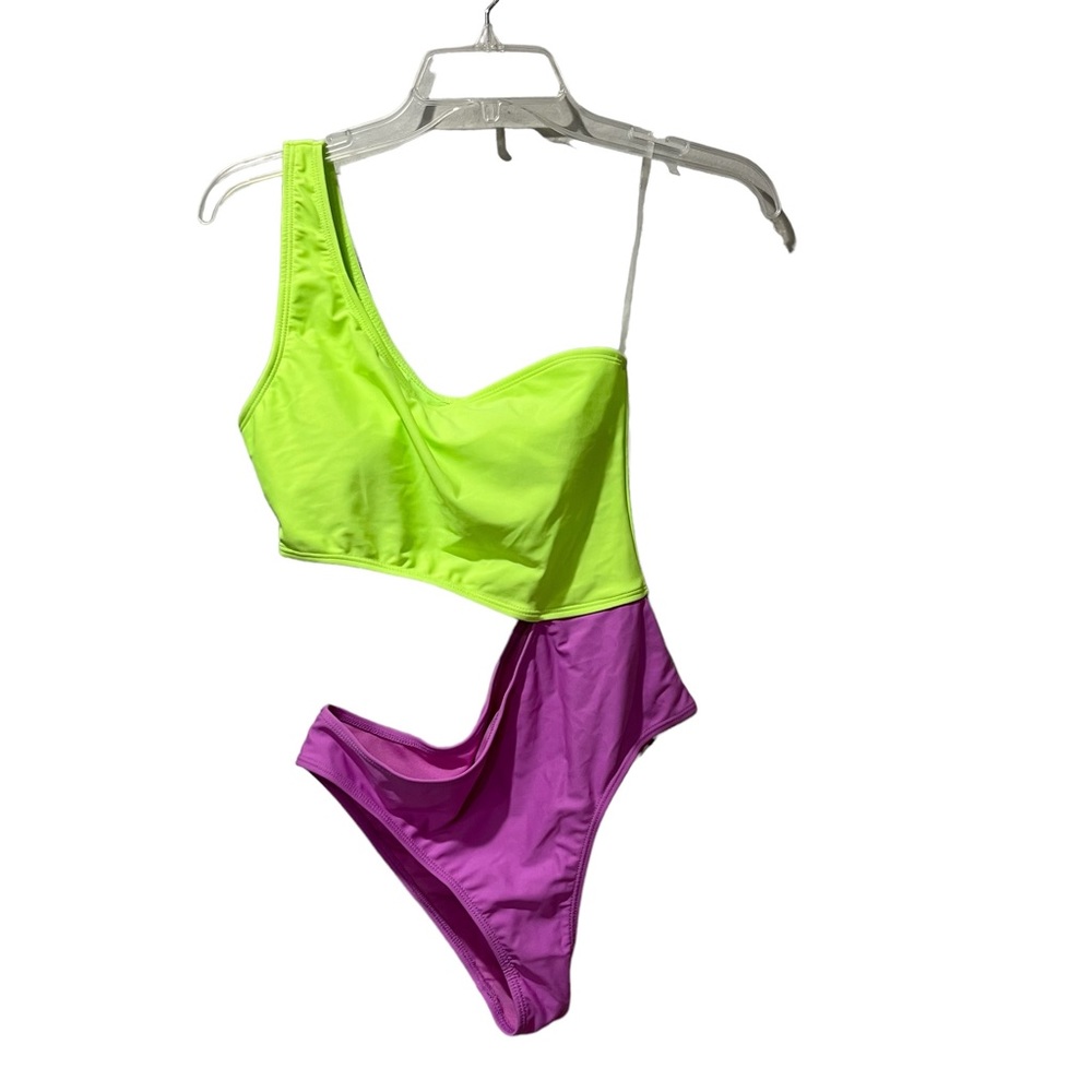 Cabana Del Sol swimsuit one piece one shoulder Small Green Purple Bright NEW